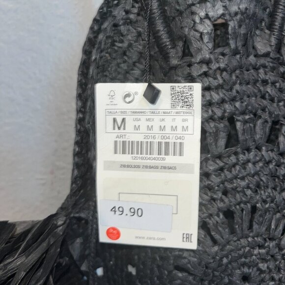 ZARA NWT Black Handmade Raffia Round Bag with Fringe & Attached Interior Purse - Picture 5 of 7